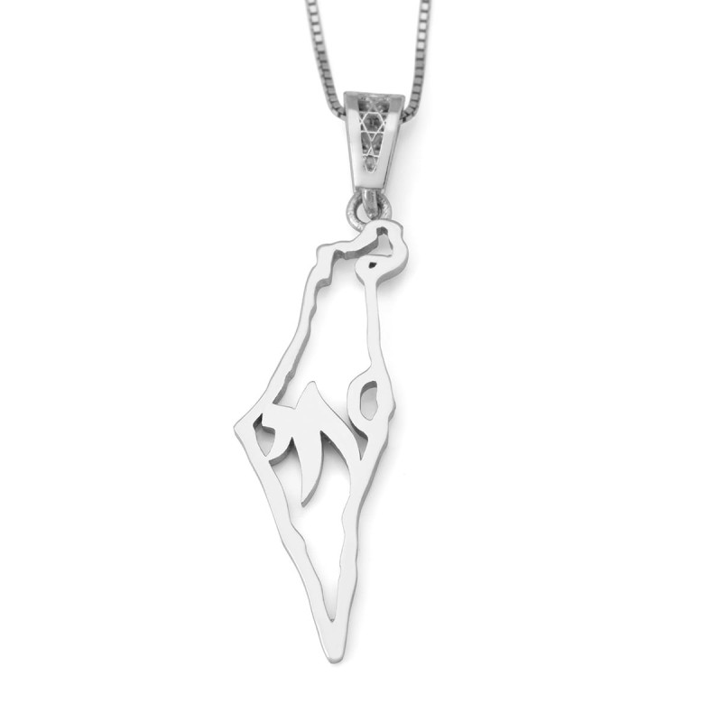 Pendentif carte d'Israël en or blanc 14 carats avec Chai