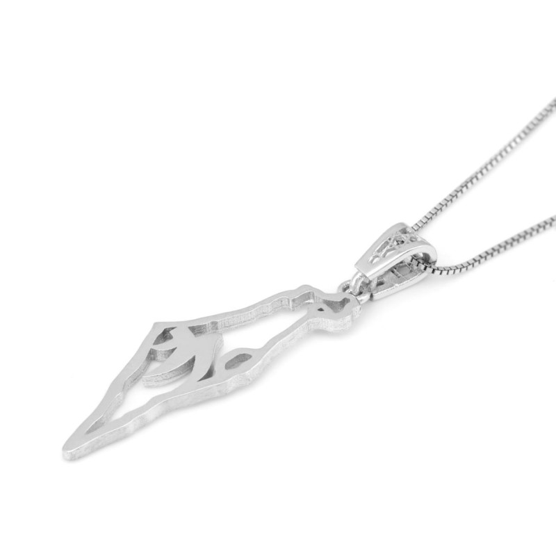 Pendentif carte d'Israël en or blanc 14 carats avec Chai