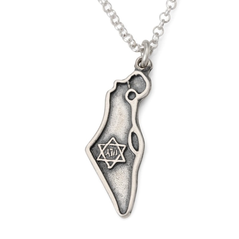 Men's Sterling Silver Map of Israel with Star of David Necklace