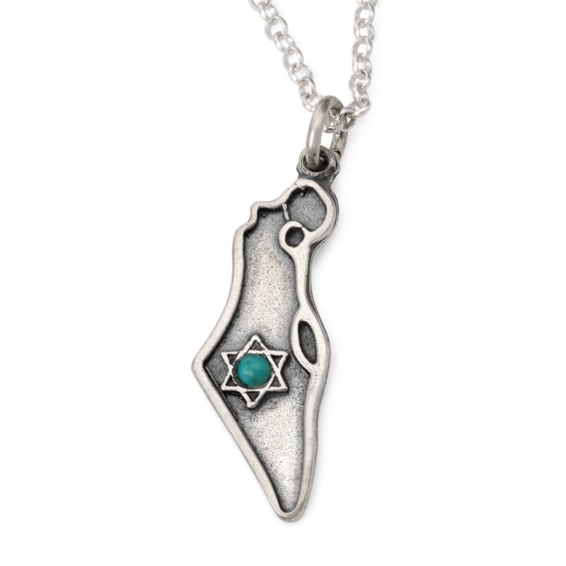 Men's Sterling Silver Map of Israel with Star of David Necklace