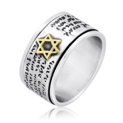 Traveler's Psalm Spinner Ring with 9K Yellow Gold Star of David in 925