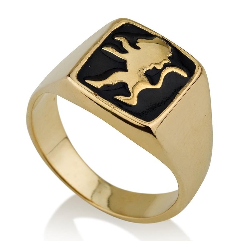 Bague Lion de Juda en or 14 carats et émail noir