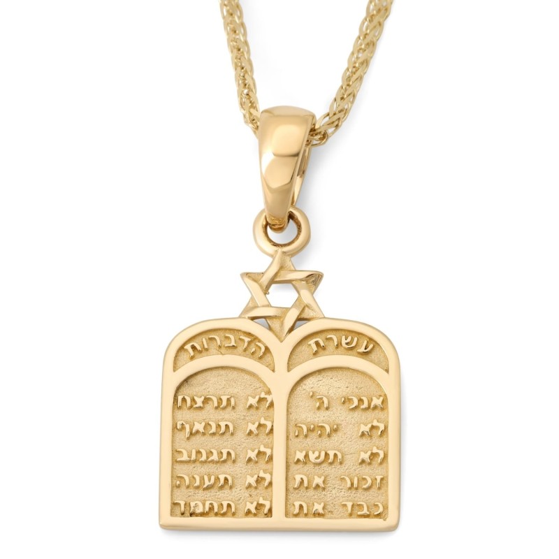 Collier pendentif Dix Commandements en or 14 carats avec étoile de David