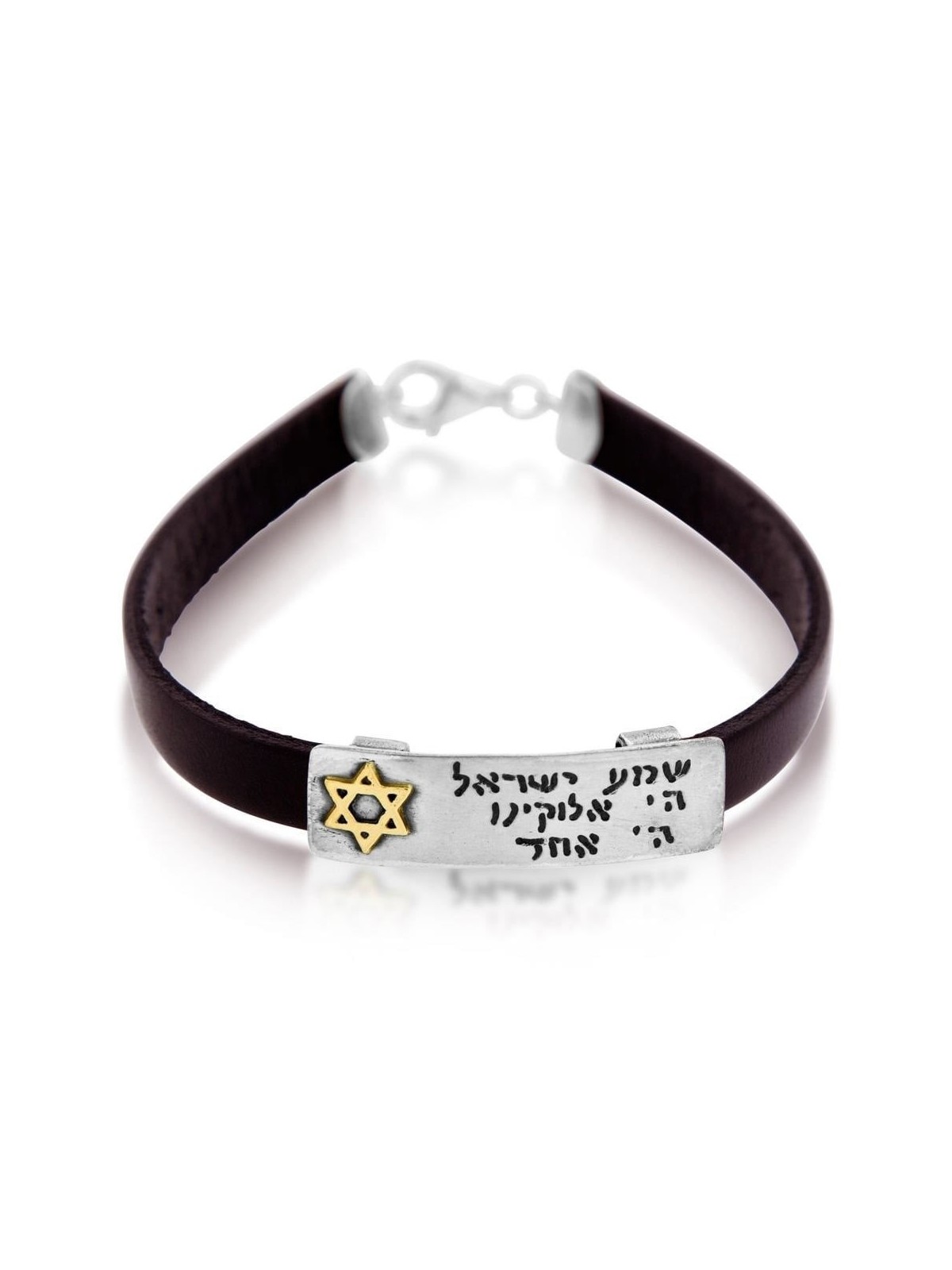 שמע ישראל: צמיד יוניסקס מעור וכסף סטרלינג עם זהב S