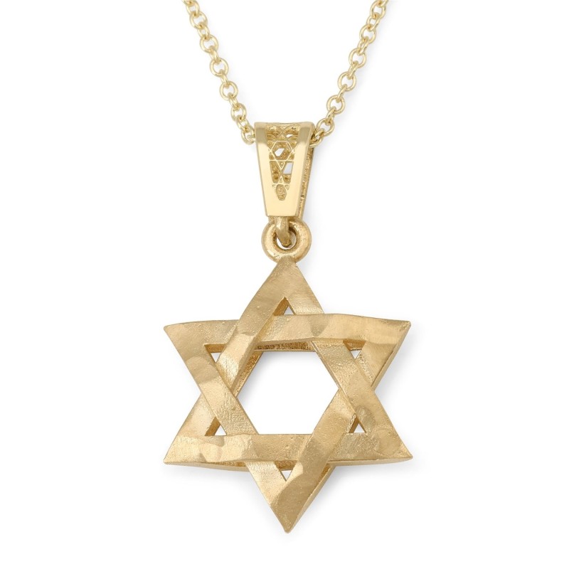 14K Gold Three-Dimensional Star of David Pendant Necklace - Yellow or