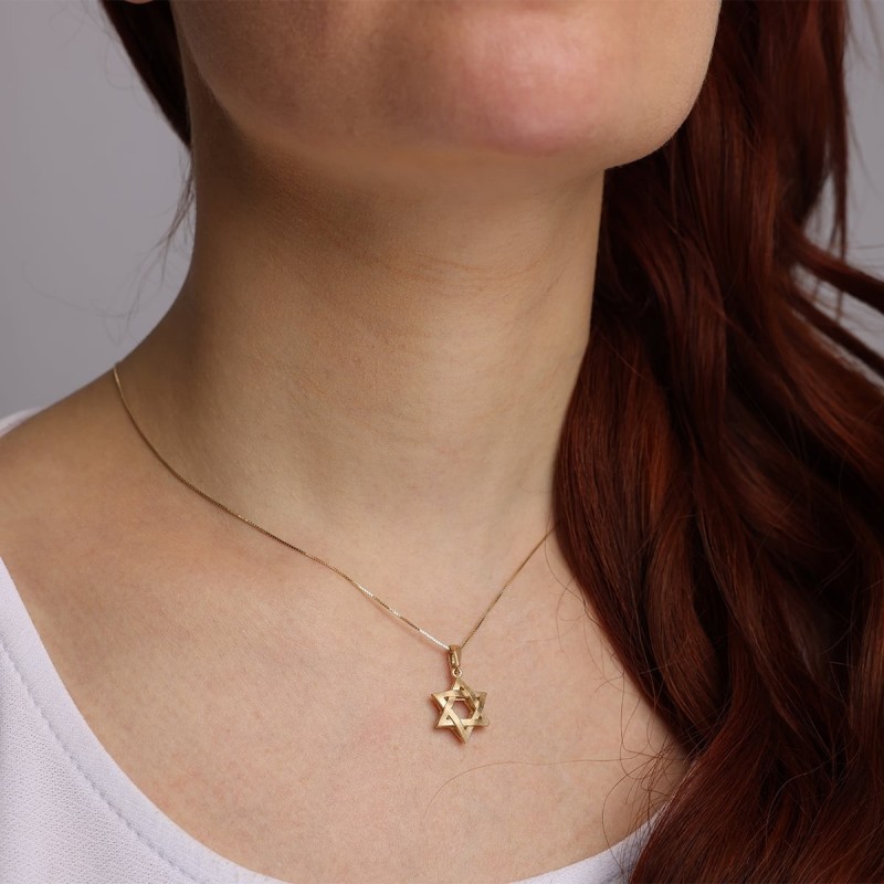 Collier pendentif étoile de David tridimensionnel en or 14 carats - Jaune ou