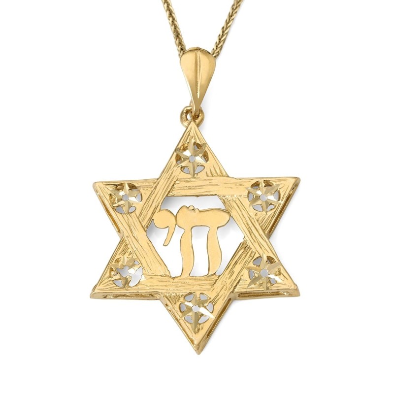 14K Gold Men's Large Textured Star of David and Chai Pendant with Star