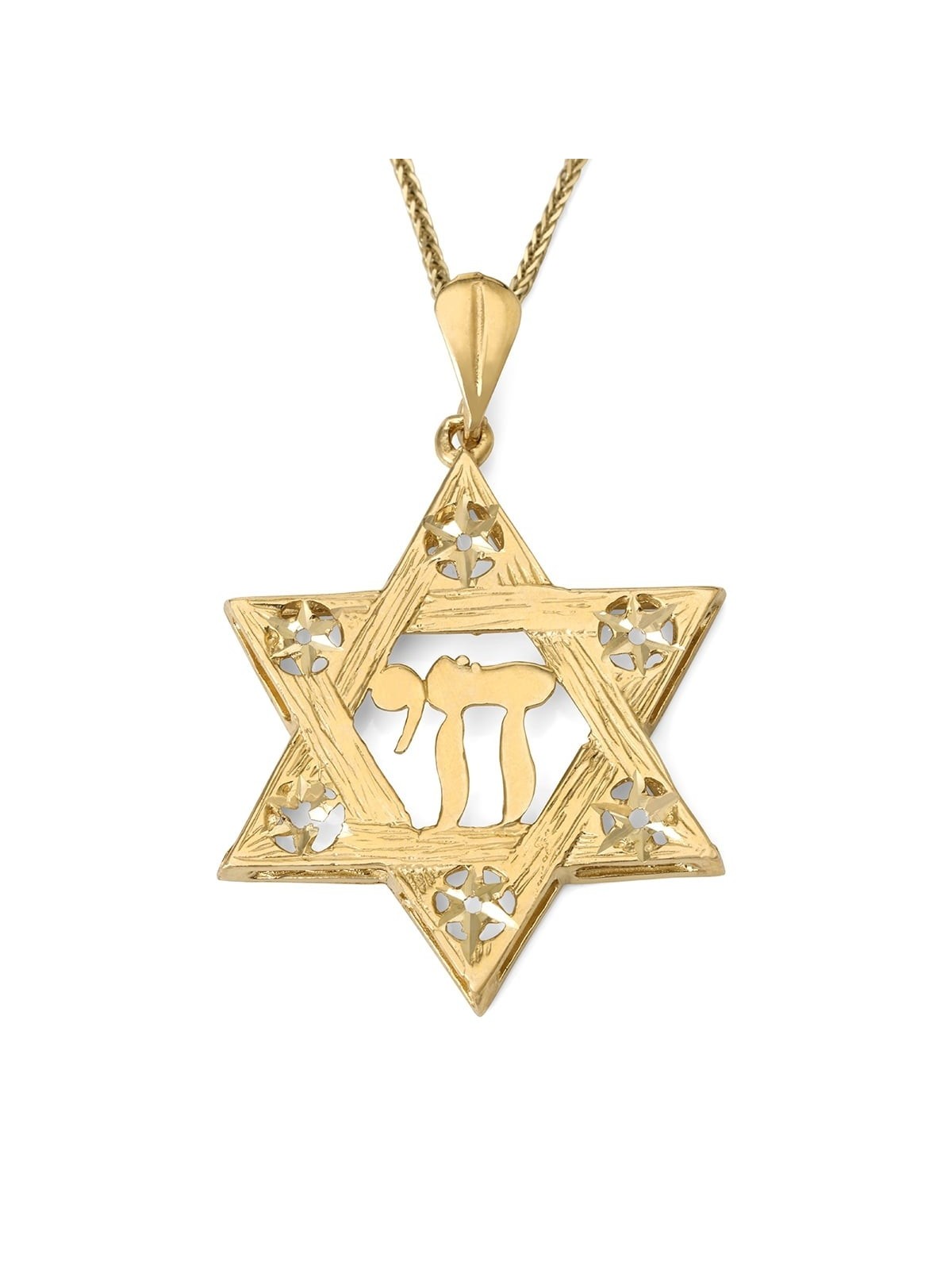 14K Gold Men's Large Textured Star of David and Chai Pendant with Star