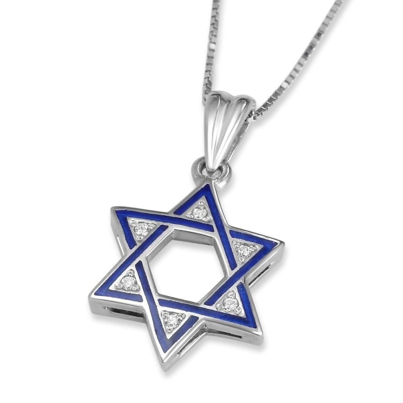 14K Gold Blue Enamel Star of David Diamond Pendant Necklace - Choice o