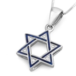 14K Gold Blue Enamel Star of David Diamond Pendant Necklace - Choice o
