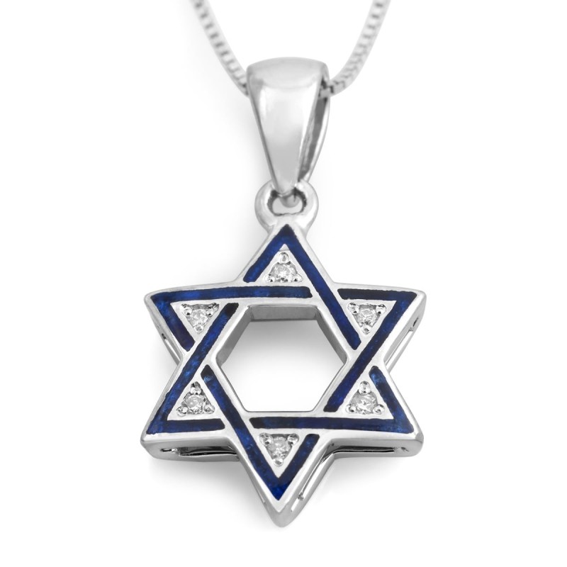 Collier pendentif diamant étoile de David en émail bleu or 14 carats - Choix o