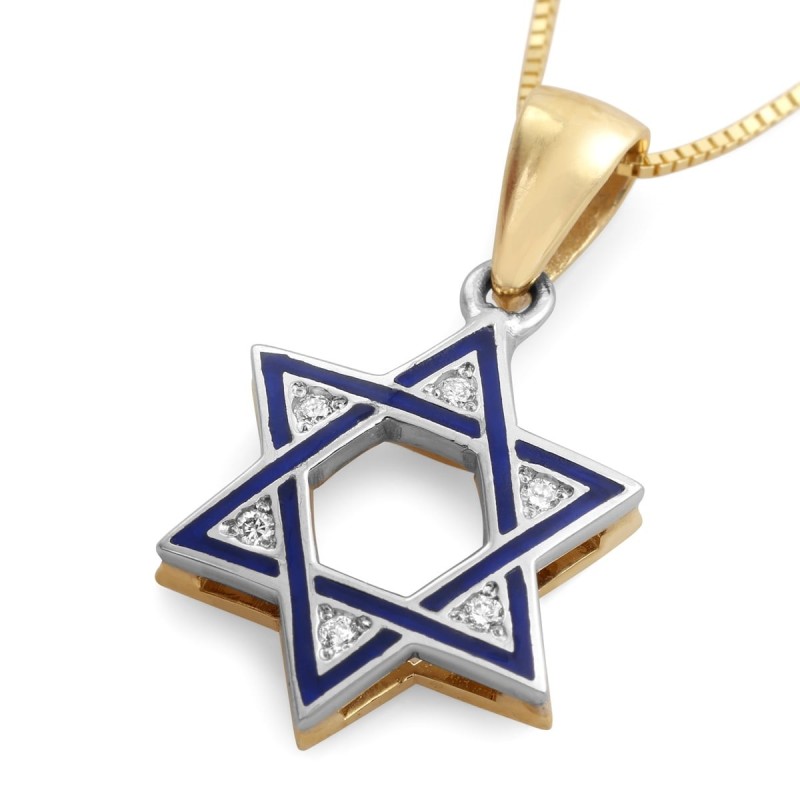 Collier pendentif diamant étoile de David en émail bleu or 14 carats - Choix o