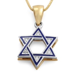 14K Gold Blue Enamel Star of David Diamond Pendant Necklace - Choice o