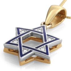 14K Gold Blue Enamel Star of David Diamond Pendant Necklace - Choice o