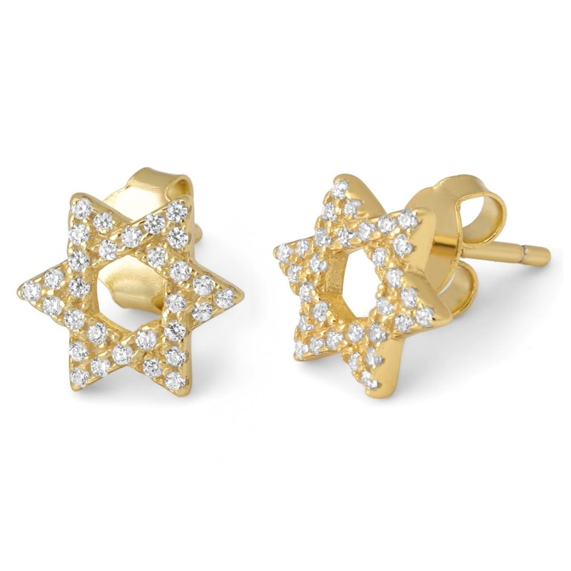 Gold Plated Sterling Silver Star of David Stud Earrings with Zircon St