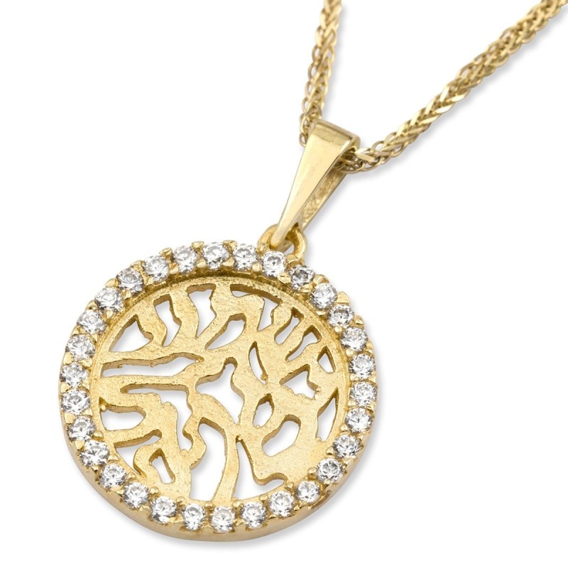 Collier pendentif Shema Yisrael en or jaune 14 carats et zircons cubiques