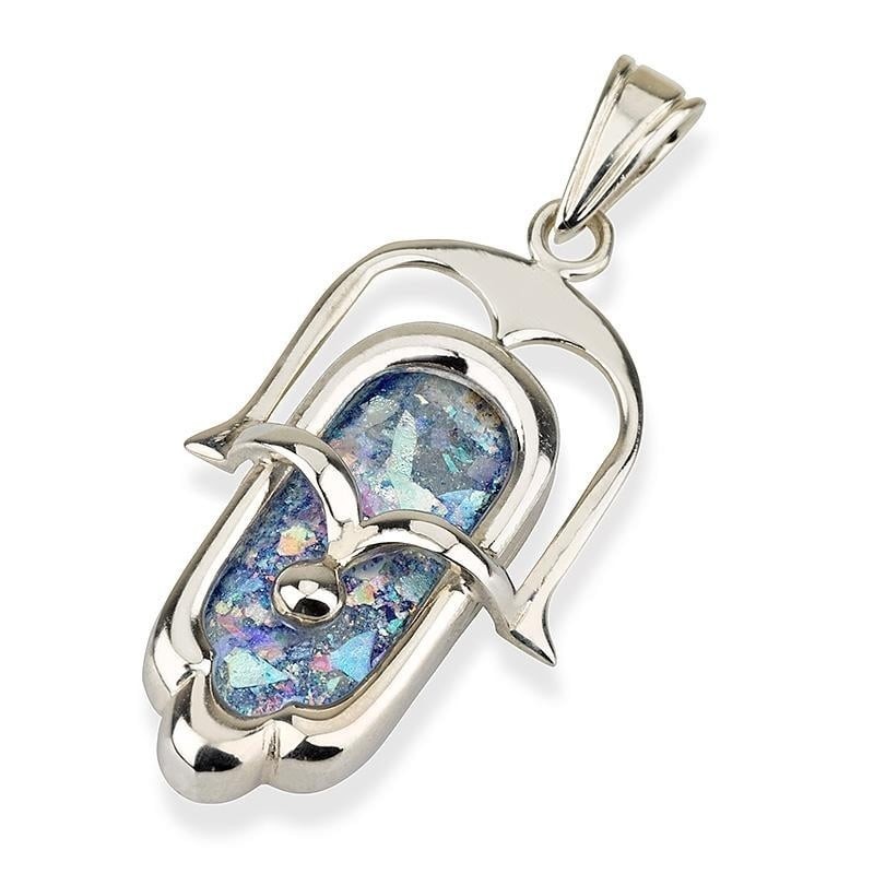Collier pendentif Hamsa en verre romain et cascade d’argent