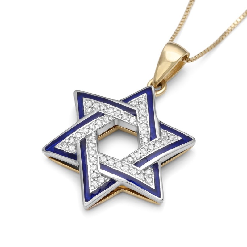 Collier à pendentif étoile de David bicolore en or 14 carats avec 48 diamants et bleu