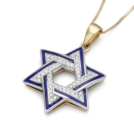Collier à pendentif étoile de David bicolore en or 14 carats avec 48 diamants et bleu
