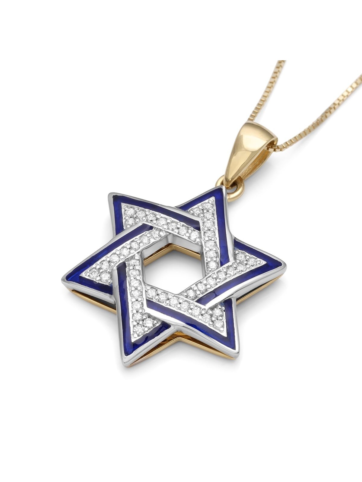 שרשרת תליון מגן דוד 48 יהלומים בשני גווני זהב 14 קראט עם כחול