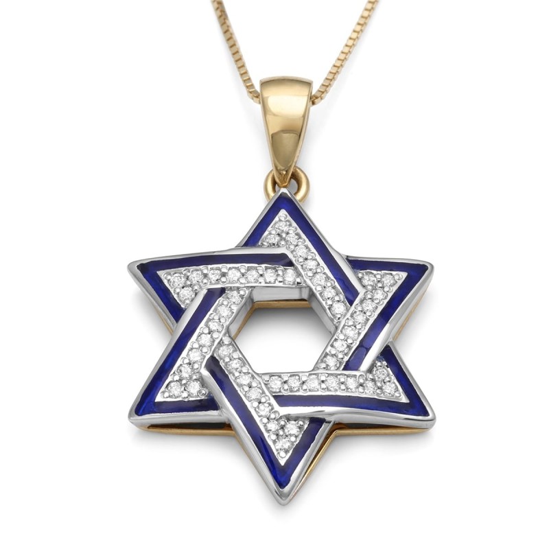 Collier à pendentif étoile de David bicolore en or 14 carats avec 48 diamants et bleu
