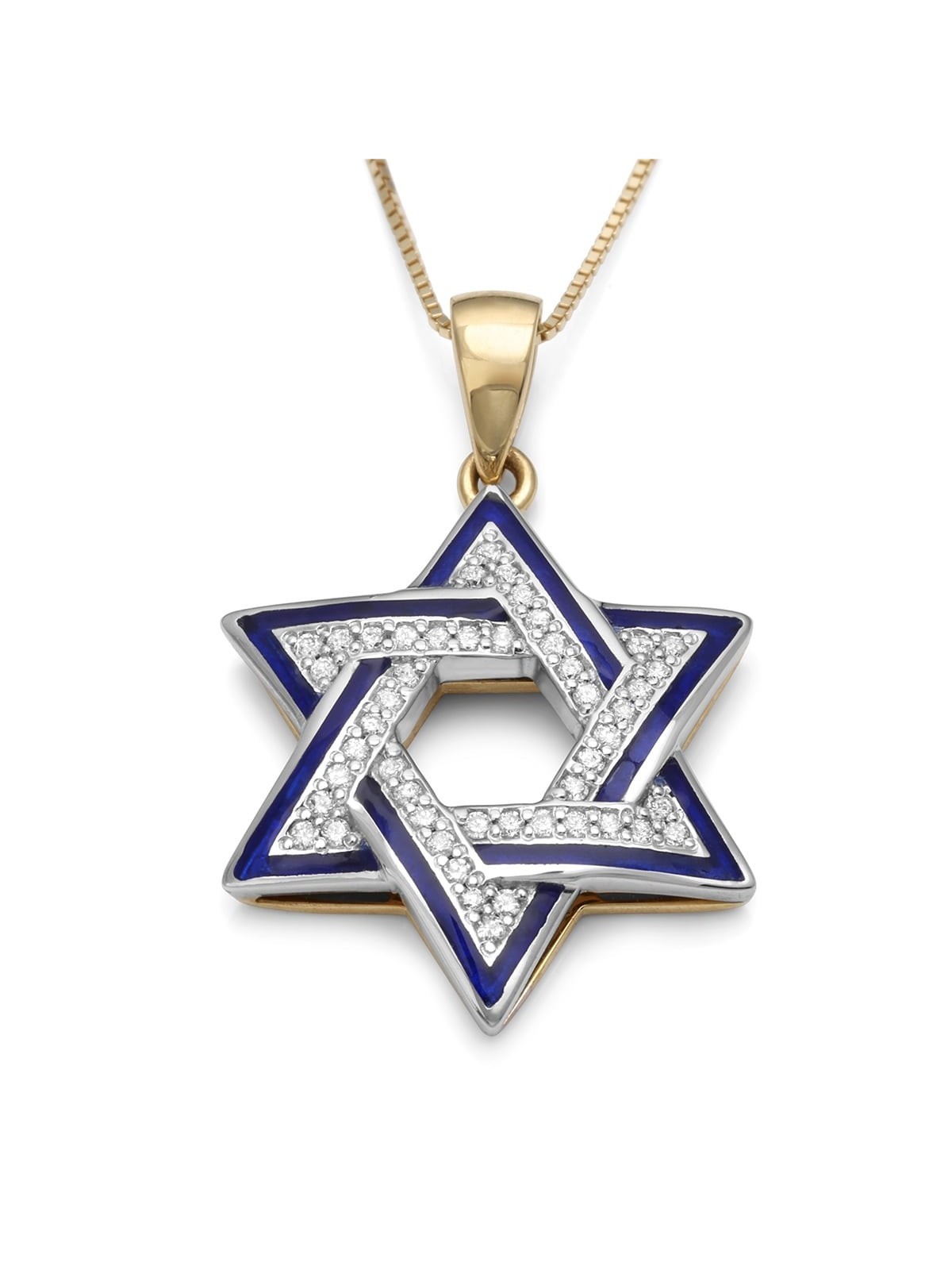 שרשרת תליון מגן דוד 48 יהלומים בשני גווני זהב 14 קראט עם כחול