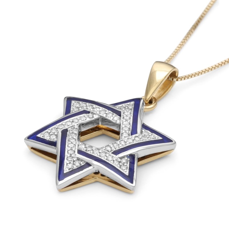 Collier à pendentif étoile de David bicolore en or 14 carats avec 48 diamants et bleu