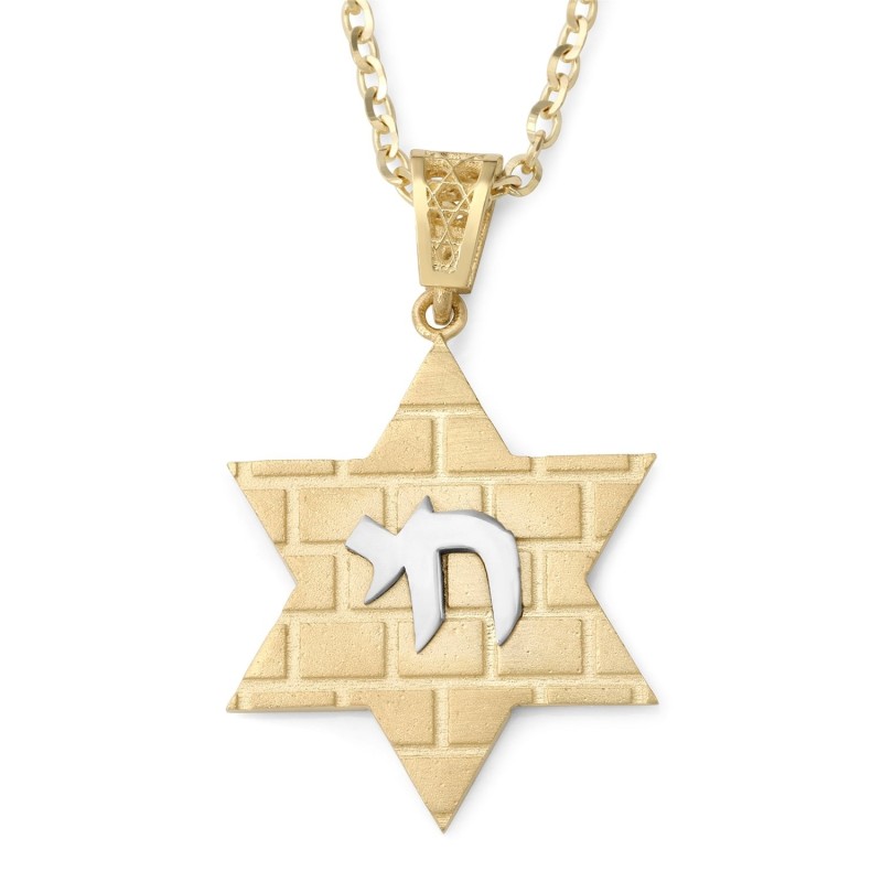תליון מגן דוד מזהב 14K עם מוטיב חי וכותל