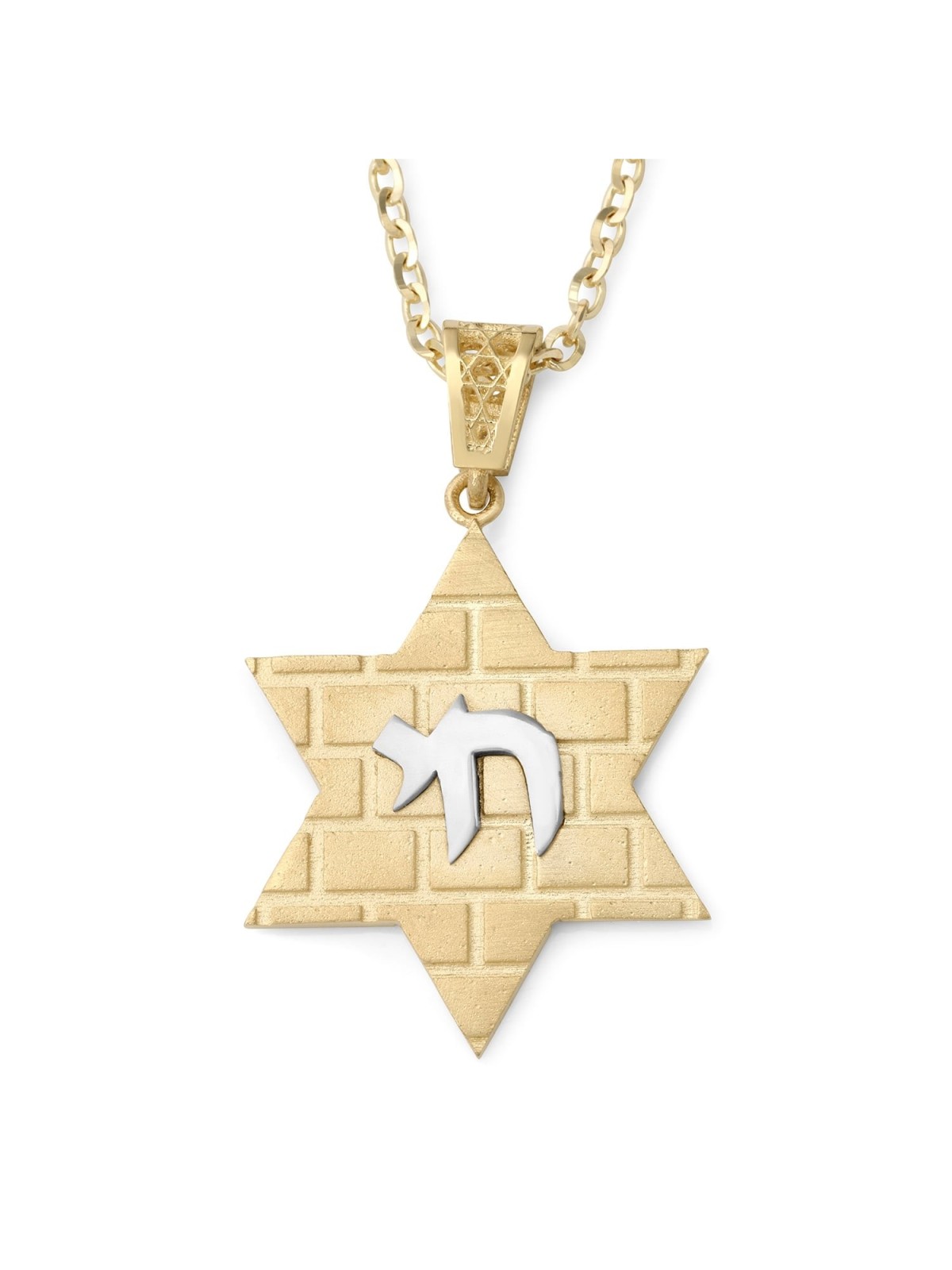 Pendentif étoile de David en or 14 carats avec motif Chai et Kotel