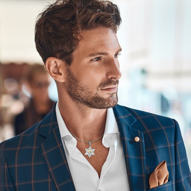 Pendentif étoile de David en or 14 carats avec motif Chai et Kotel