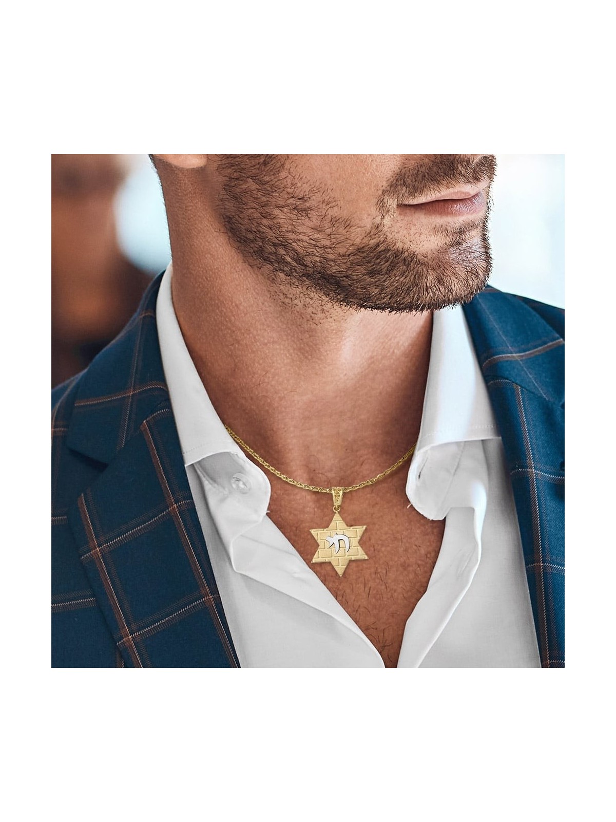 Pendentif étoile de David en or 14 carats avec motif Chai et Kotel