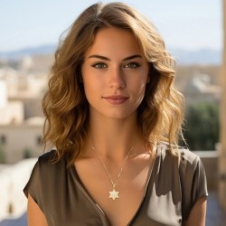 14K Gold Star of David Pendant with Chai and Kotel Motif