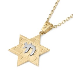 14K Gold Star of David Pendant with Chai and Kotel Motif
