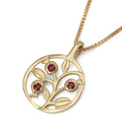 Gold Three Pomegranates Necklace with Ruby Gemstones