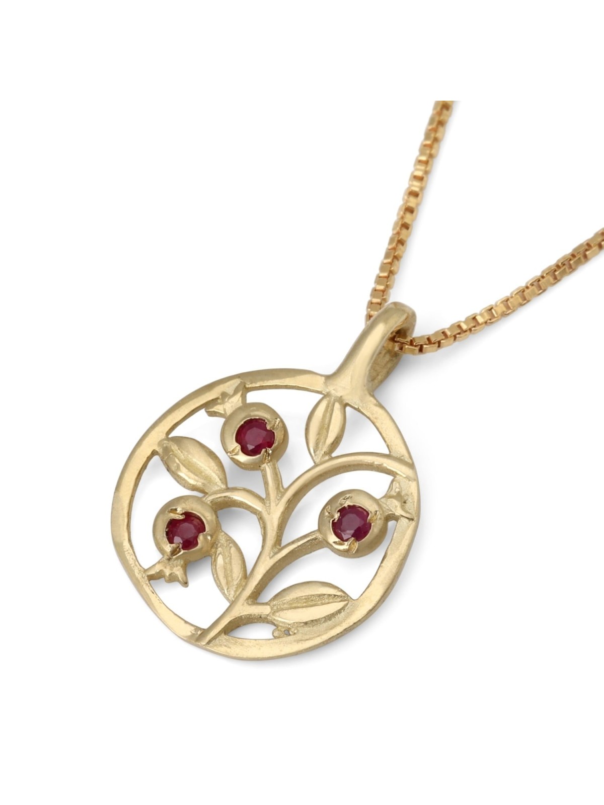 Gold Three Pomegranates Necklace with Ruby Gemstones
