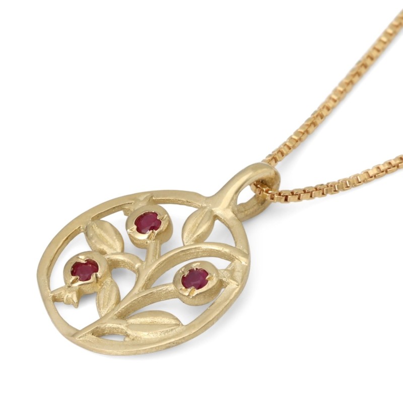 Gold Three Pomegranates Necklace with Ruby Gemstones