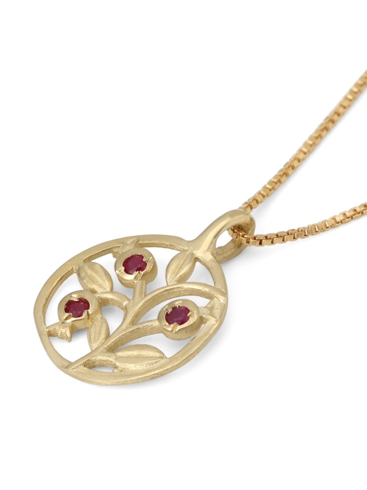 Gold Three Pomegranates Necklace with Ruby Gemstones
