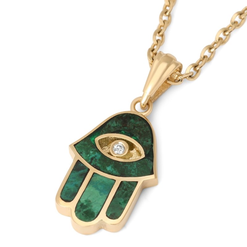 Collier pendentif Hamsa en or 14 carats et pierre d'Eilat avec diamant et mal