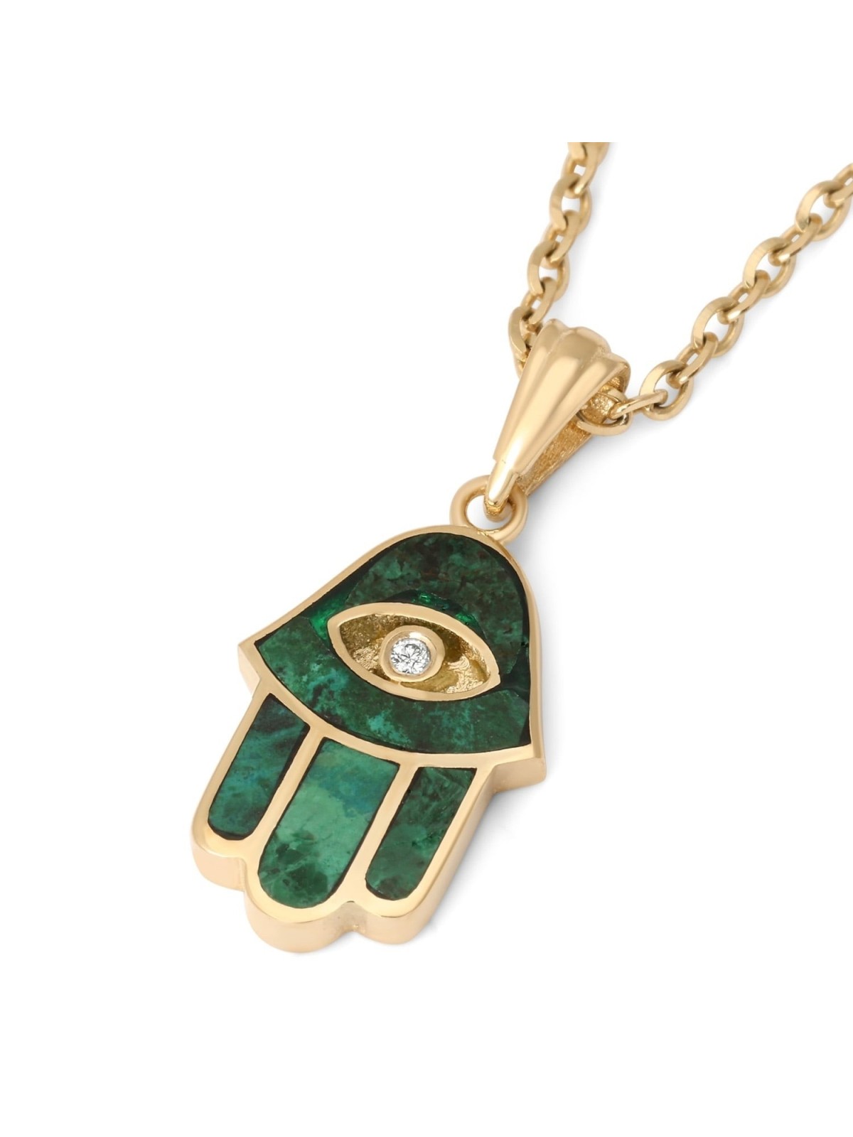14K Gold and Eilat Stone Hamsa Pendant Necklace with Diamond and Evil