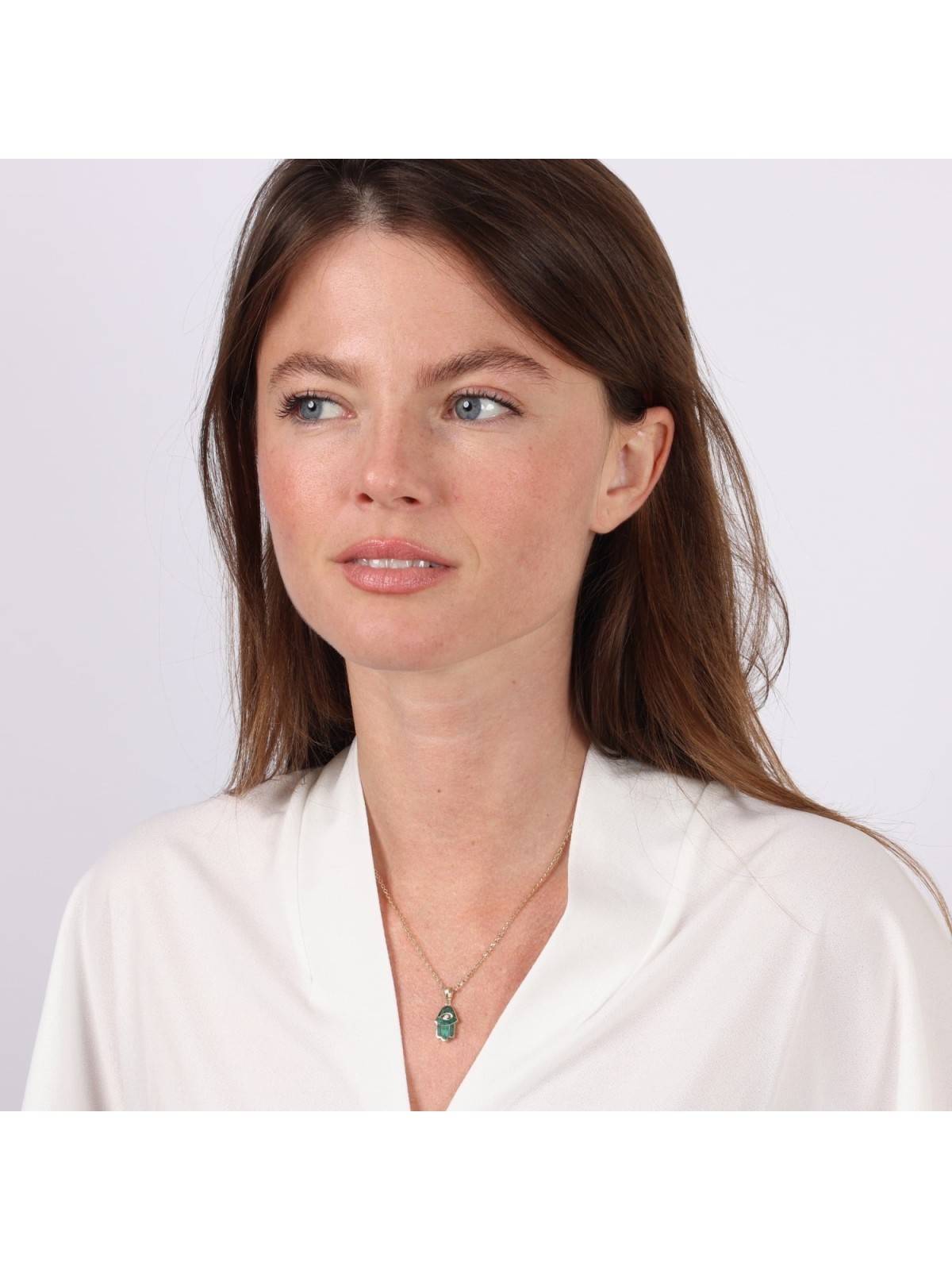 Collier pendentif Hamsa en or 14 carats et pierre d'Eilat avec diamant et mal