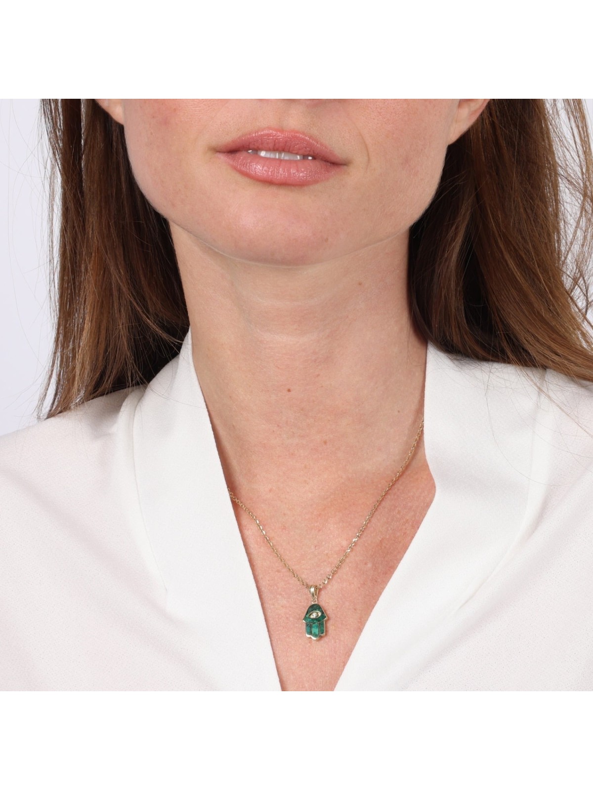 Collier pendentif Hamsa en or 14 carats et pierre d'Eilat avec diamant et mal