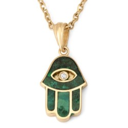 14K Gold and Eilat Stone Hamsa Pendant Necklace with Diamond and Evil