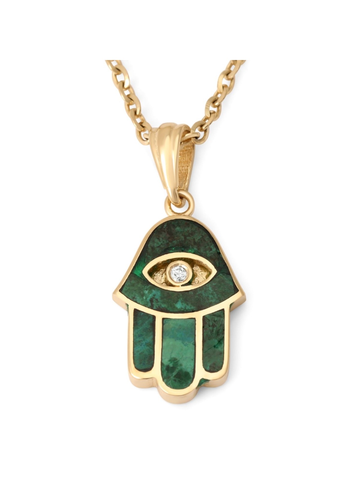 14K Gold and Eilat Stone Hamsa Pendant Necklace with Diamond and Evil