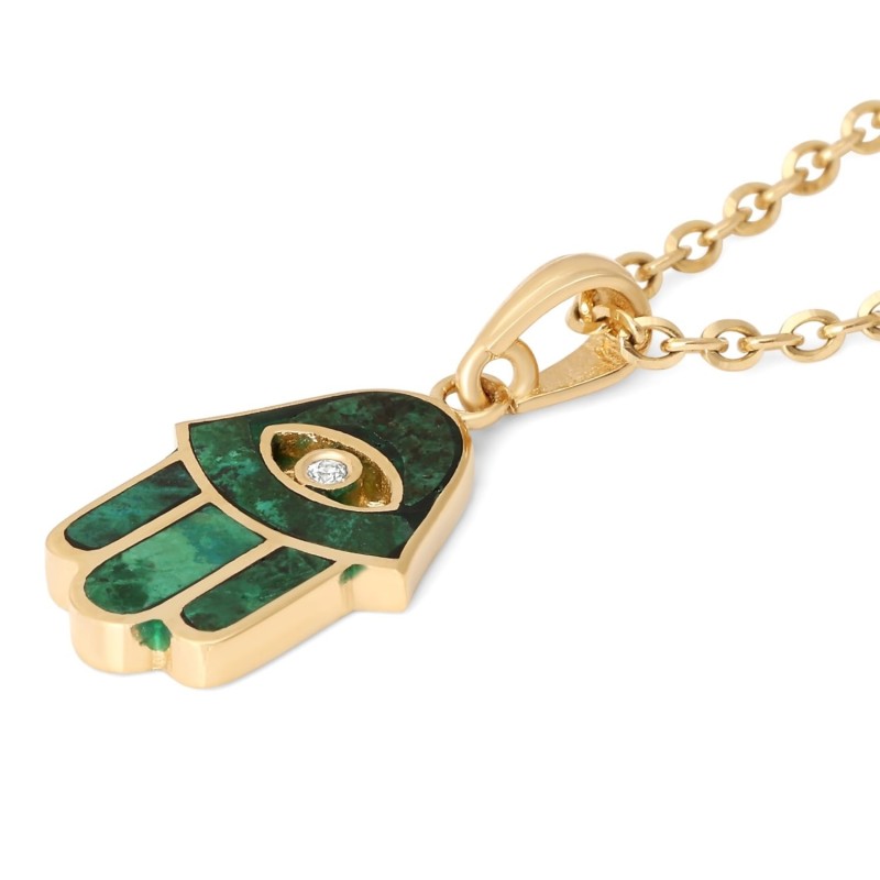 Collier pendentif Hamsa en or 14 carats et pierre d'Eilat avec diamant et mal