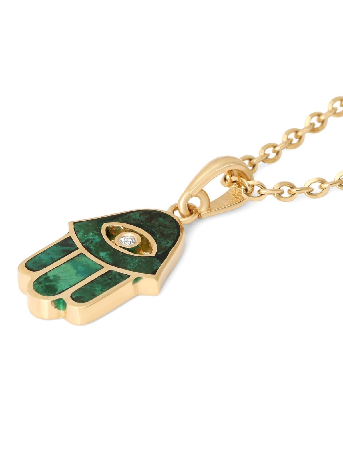 Collier pendentif Hamsa en or 14 carats et pierre d'Eilat avec diamant et mal