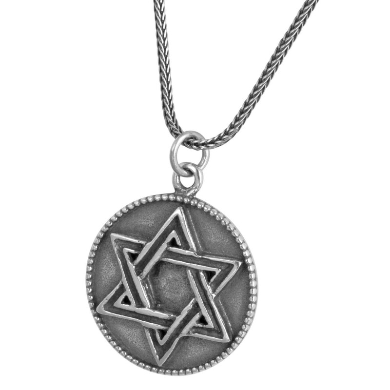 Blackened Sterling Silver Star of David Disk Pendant Necklace with Nam