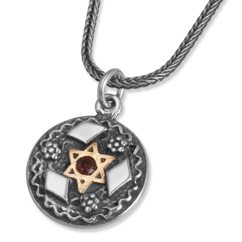 Collier pendentif disque en argent sterling avec étoile de David en or 9 carats, Garn
