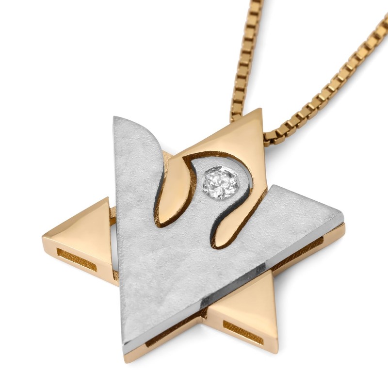 14K Gold Two-Tone Dove and Star of David Shin Pendant with Diamond for