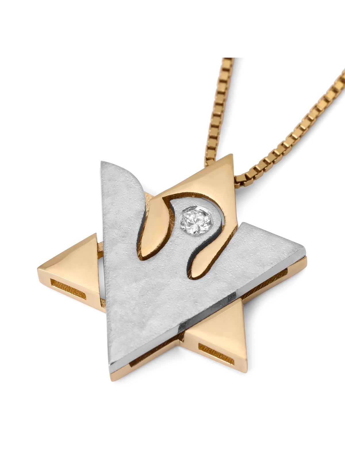 14K Gold Two-Tone Dove and Star of David Shin Pendant with Diamond for