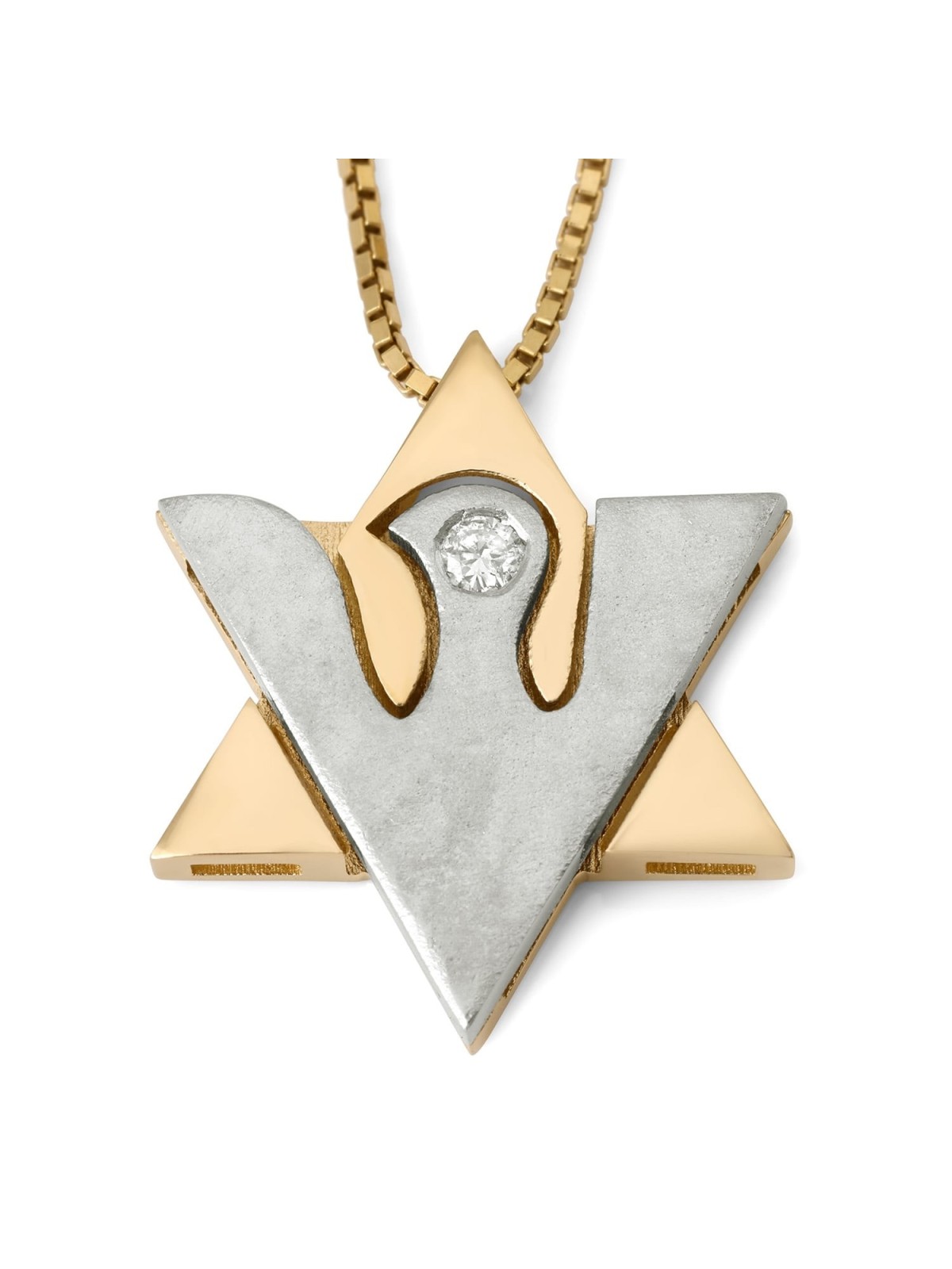 Pendentif tibia colombe et étoile de David bicolores en or 14 carats avec diamant pour